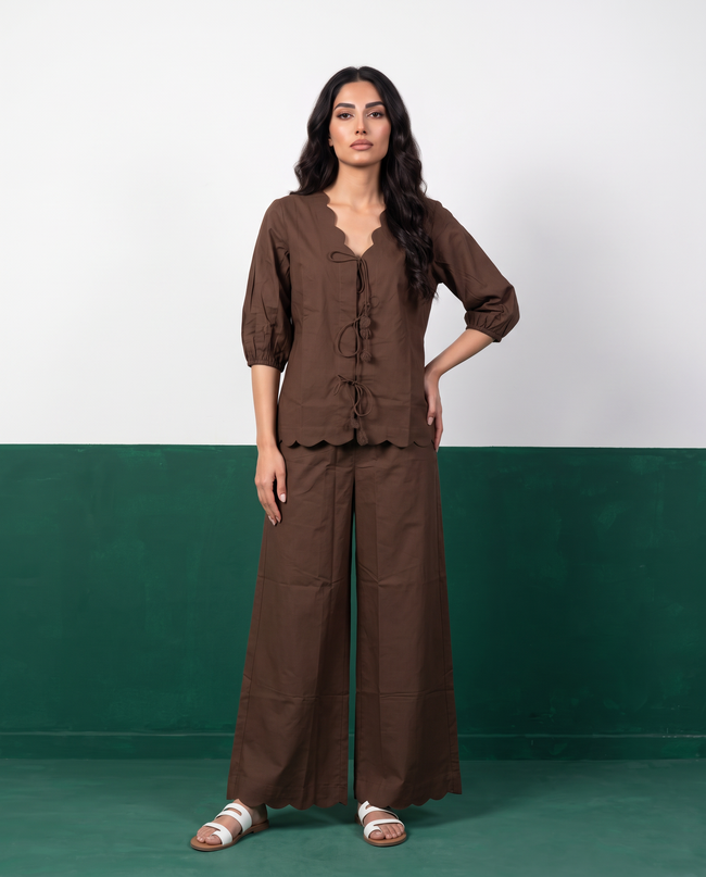 Dark Chocolate Scallop & Tassel Top & Wide-Leg Trouser Co-ord Set, front view