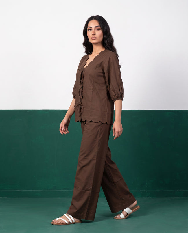 Dark Chocolate Scallop & Tassel Top & Wide-Leg Trouser Co-ord Set, side view