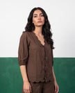 Dark Chocolate Scallop & Tassel Top & Wide-Leg Trouser Co-ord Set, fabric detail