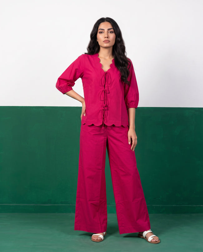 Fuchsia Bloom Scallop & Tie Top & Wide-Leg Trouser Co-ord Set, front view