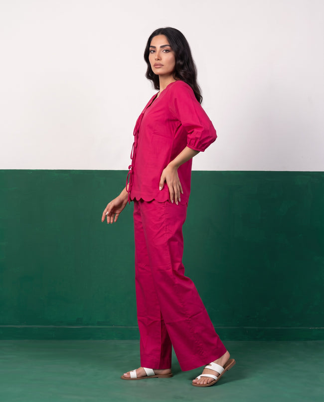Fuchsia Bloom Scallop & Tie Top & Wide-Leg Trouser Co-ord Set, side view
