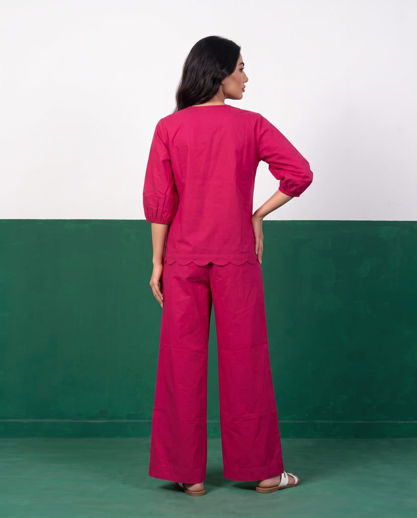 Fuchsia Bloom Scallop & Tie Top & Wide-Leg Trouser Co-ord Set, back view