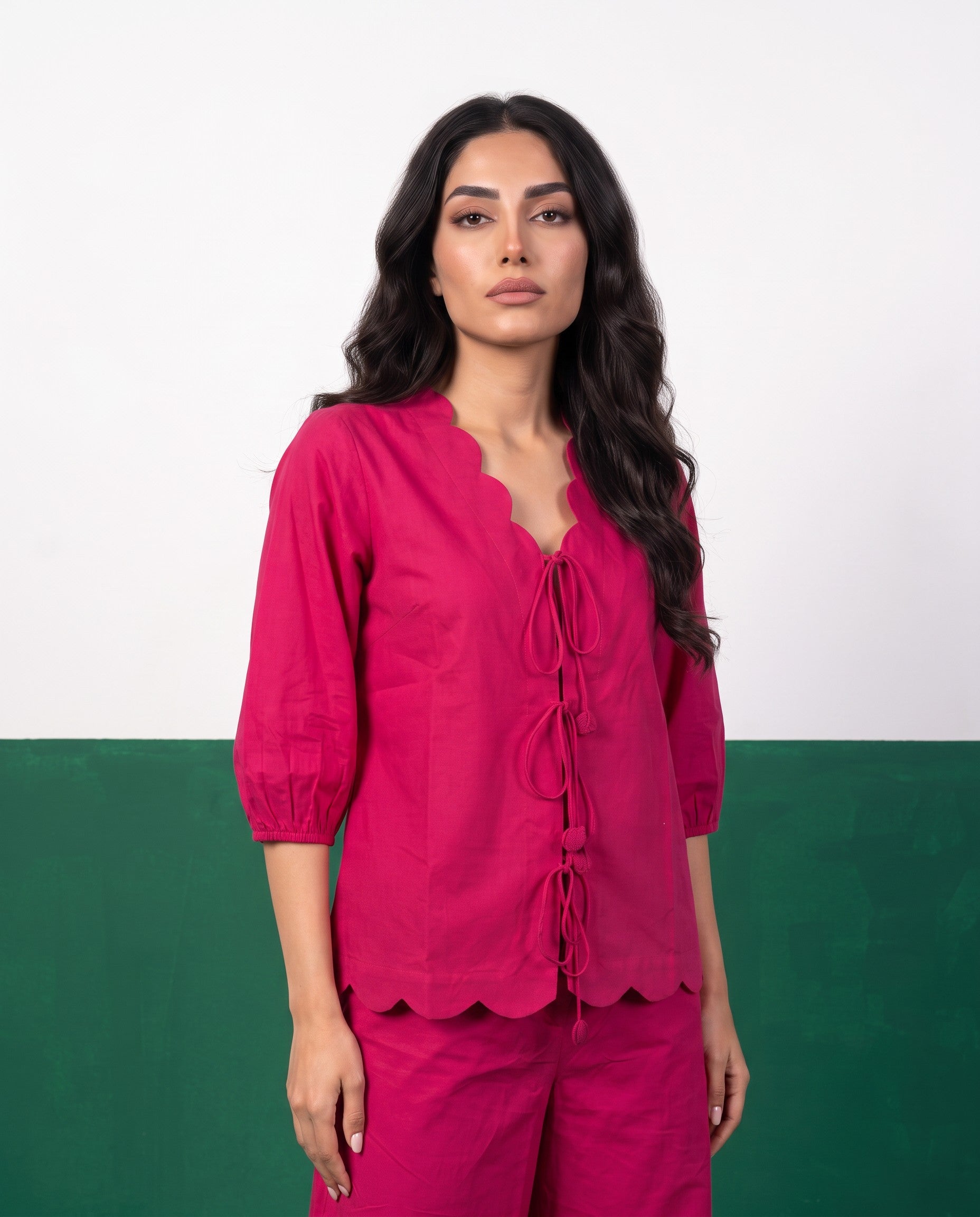 Fuchsia Bloom Scallop & Tie Top & Wide-Leg Trouser Co-ord Set, fabric detail