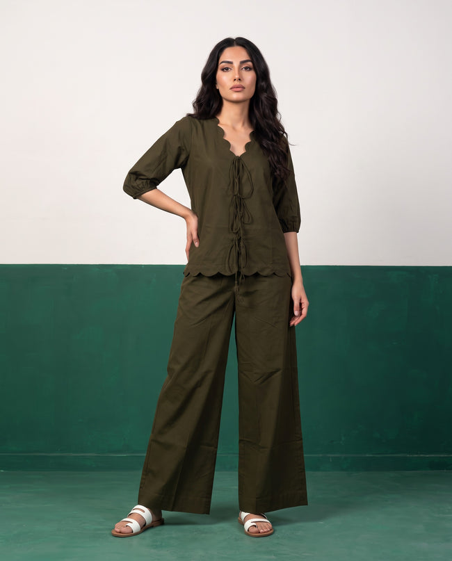 Olive & Wild Scallop & Tie Top & Wide-Leg Trouser Co-ord Set, front view