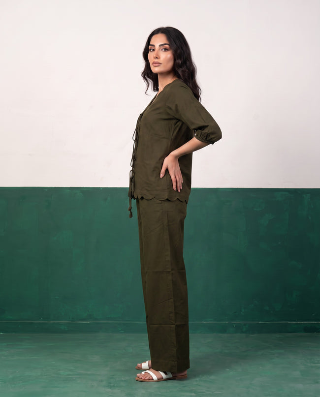 Olive & Wild Scallop & Tie Top & Wide-Leg Trouser Co-ord Set, side view