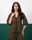 Olive & Wild Scallop & Tie Top & Wide-Leg Trouser Co-ord Set, fabric detail
