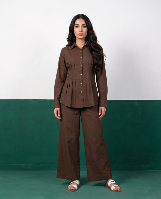 Espresso Pleat Peplum Shirt & Wide-Leg Trouser Co-ord Set, front view