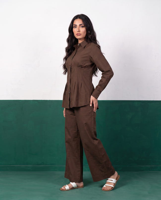 Espresso Pleat Peplum Shirt & Wide-Leg Trouser Co-ord Set, side view