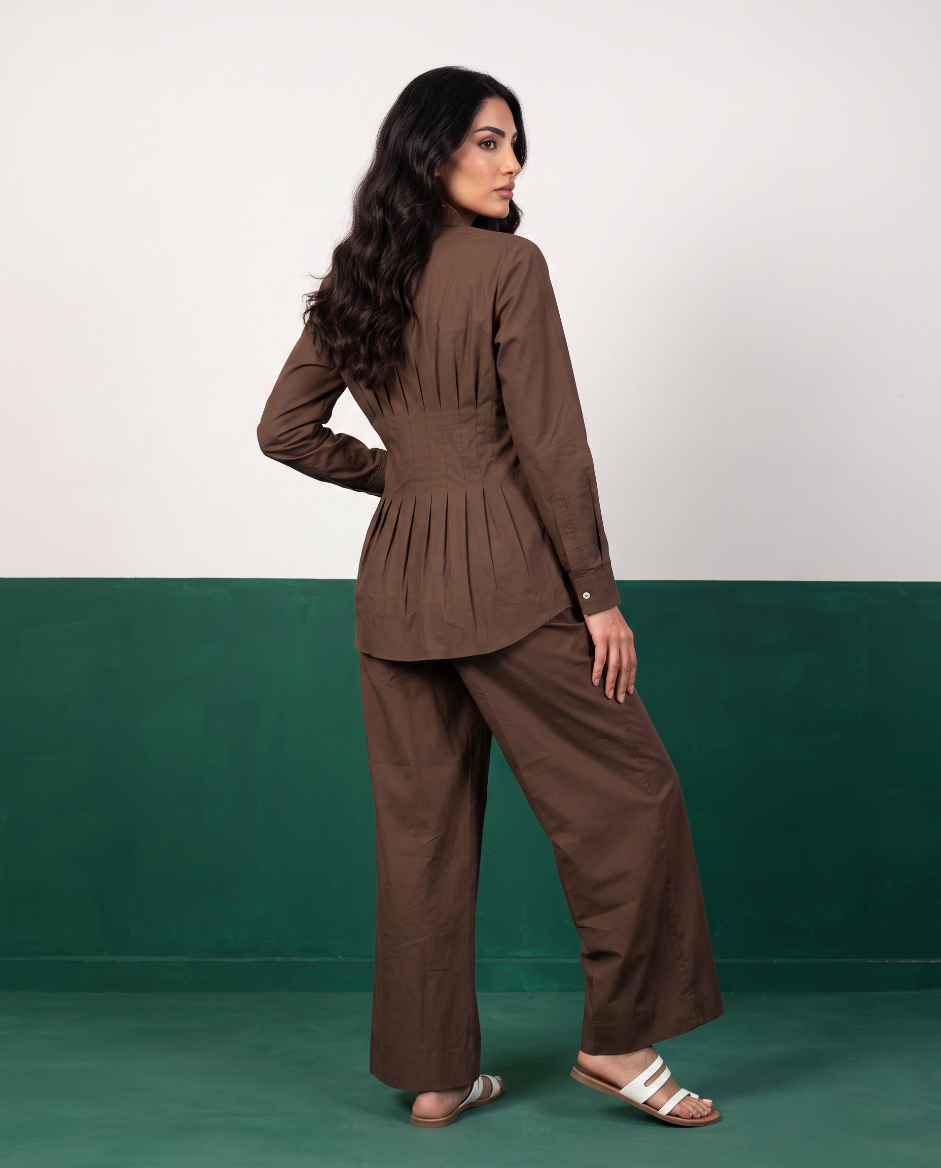 Espresso Pleat Peplum Shirt & Wide-Leg Trouser Co-ord Set, back view