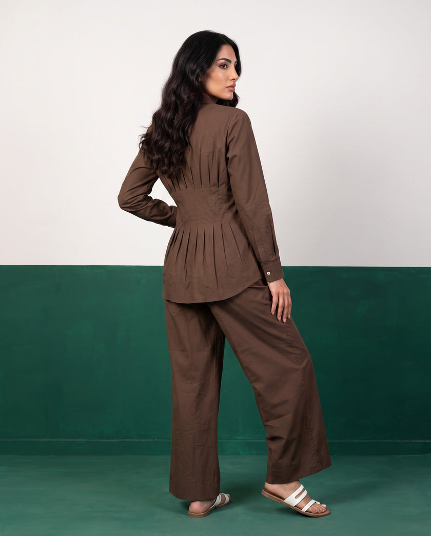 Espresso Pleat Peplum Shirt & Wide-Leg Trouser Co-ord Set, back view