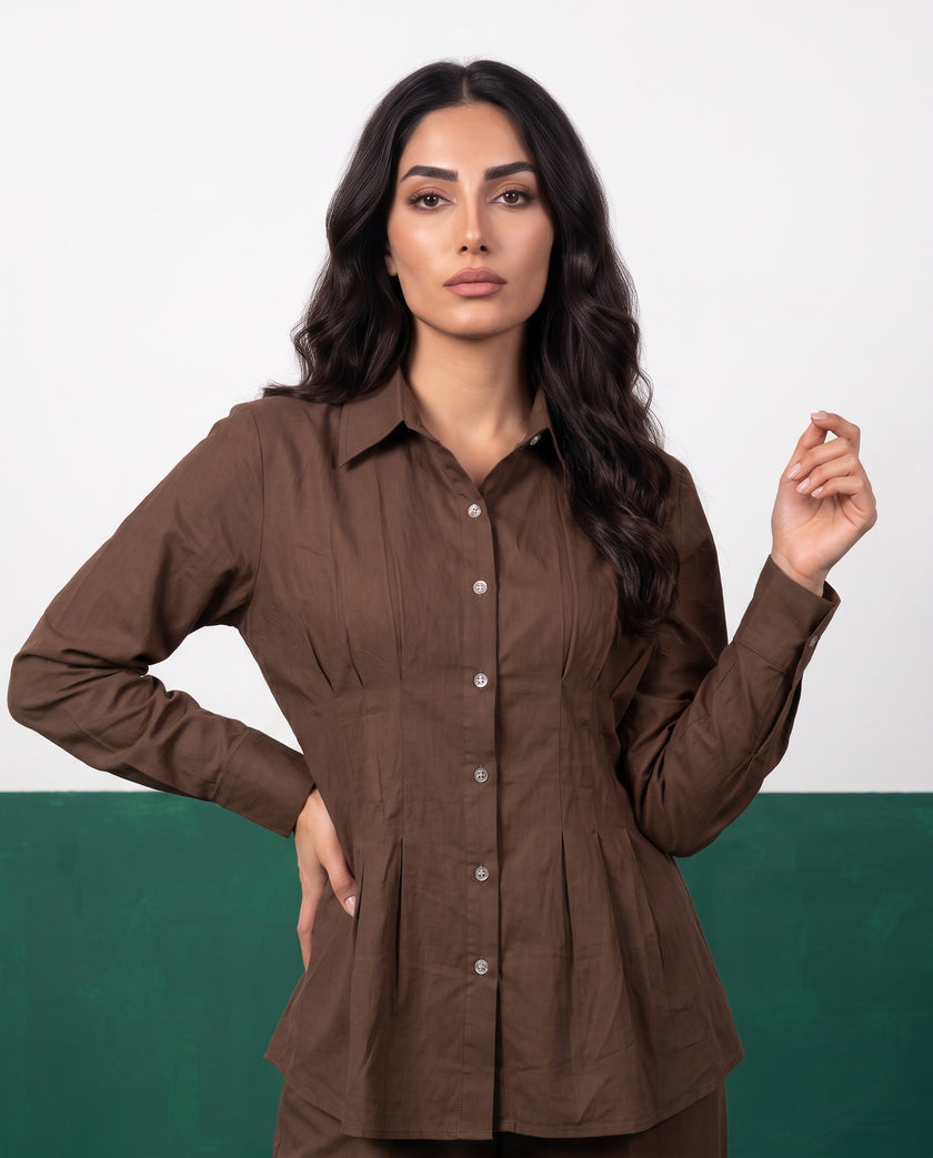 Espresso Pleat Peplum Shirt & Wide-Leg Trouser Co-ord Set, fabric detail