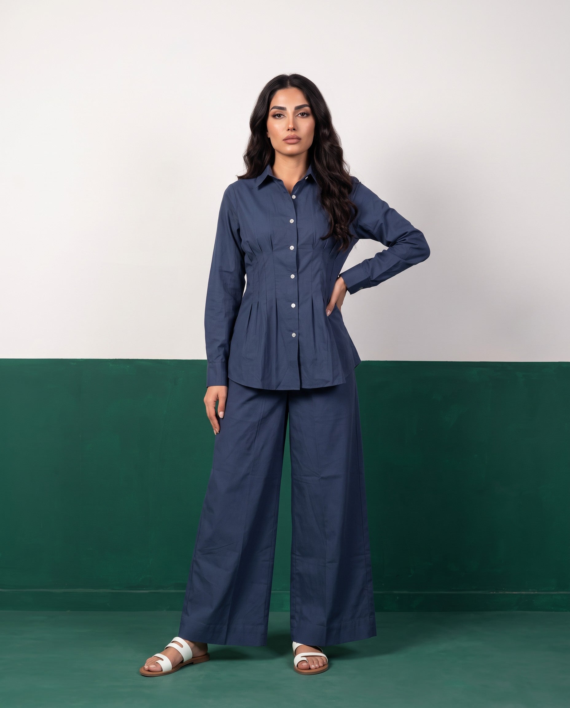 Steel Blue Pleat Peplum Shirt & Wide-Leg Trouser Co-ord Set, front view