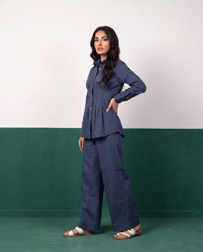 Steel Blue Pleat Peplum Shirt & Wide-Leg Trouser Co-ord Set, side view