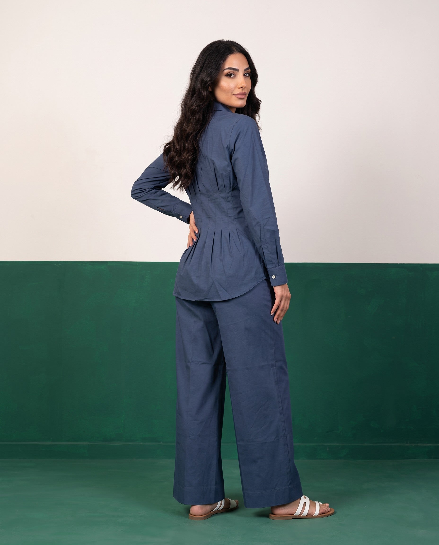 Steel Blue Pleat Peplum Shirt & Wide-Leg Trouser Co-ord Set, back view