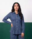 Steel Blue Pleat Peplum Shirt & Wide-Leg Trouser Co-ord Set, fabric detail