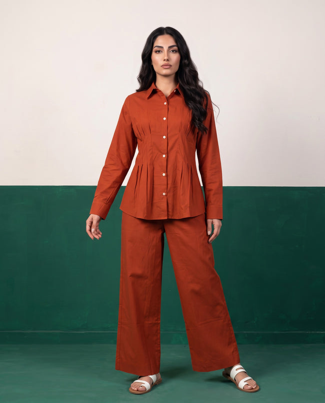 Rust & Reign Pleat Peplum Shirt & Wide-Leg Trouser Co-ord Set, front view