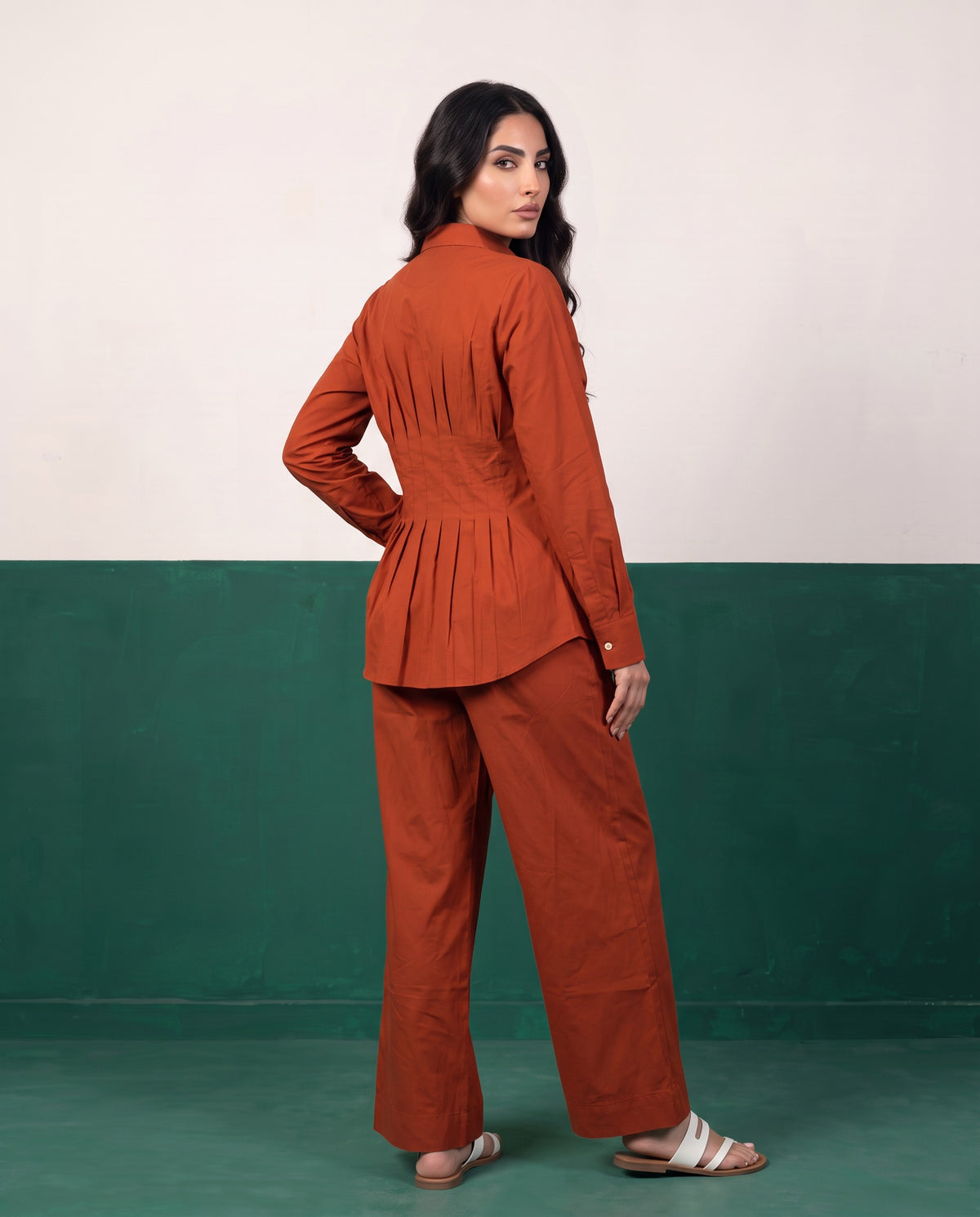 Rust & Reign Pleat Peplum Shirt & Wide-Leg Trouser Co-ord Set, back view