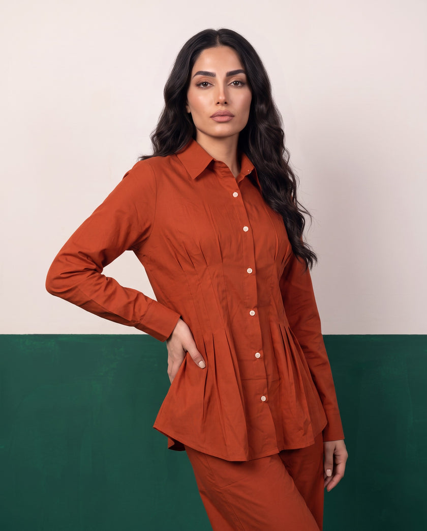 Rust & Reign Pleat Peplum Shirt & Wide-Leg Trouser Co-ord Set, fabric detail