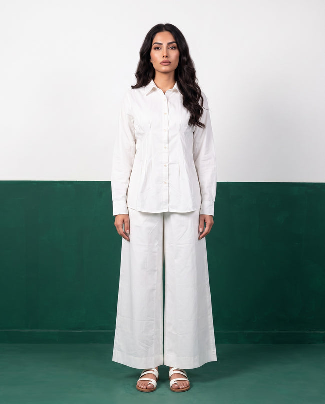 White Purity Pleat Peplum Shirt & Wide-Leg Trouser Co-ord Set, front view