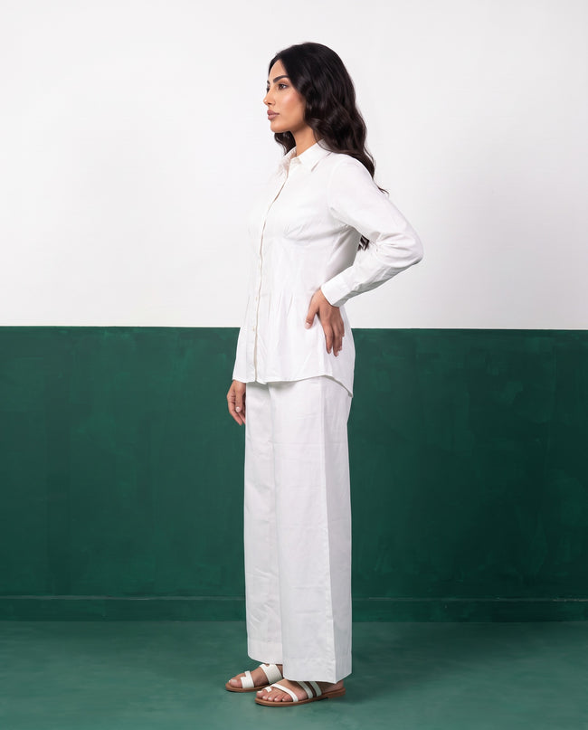 White Purity Pleat Peplum Shirt & Wide-Leg Trouser Co-ord Set, side view
