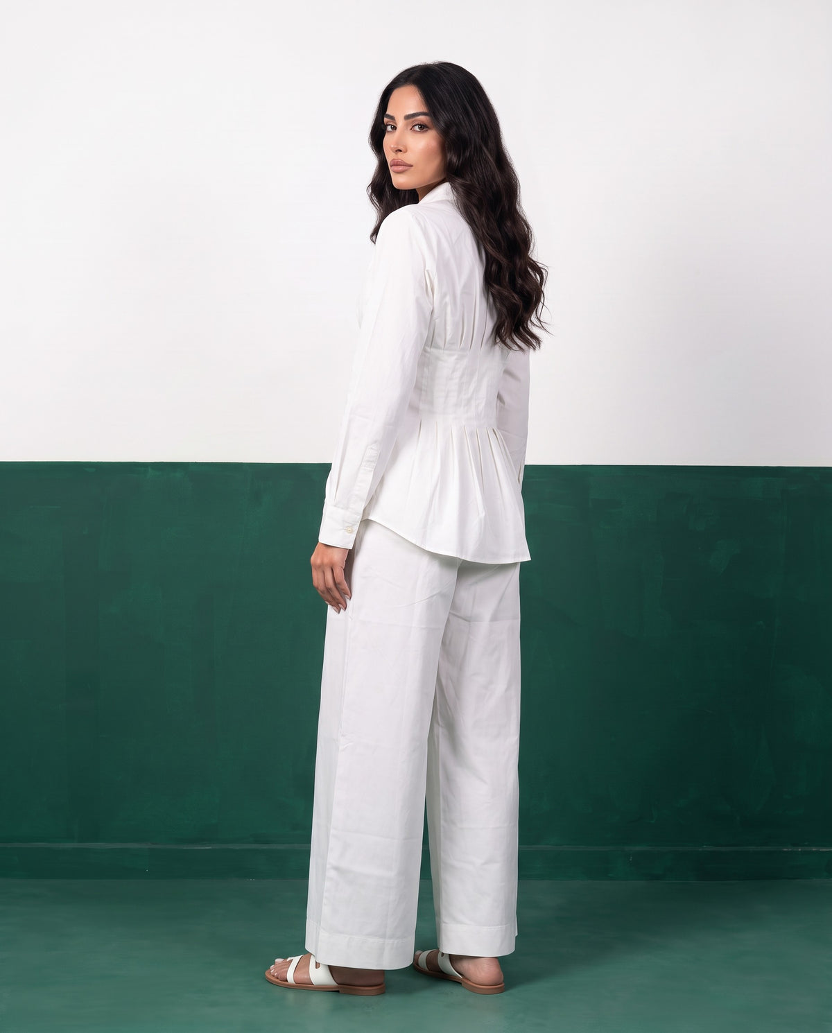 White Purity Pleat Peplum Shirt & Wide-Leg Trouser Co-ord Set, back view
