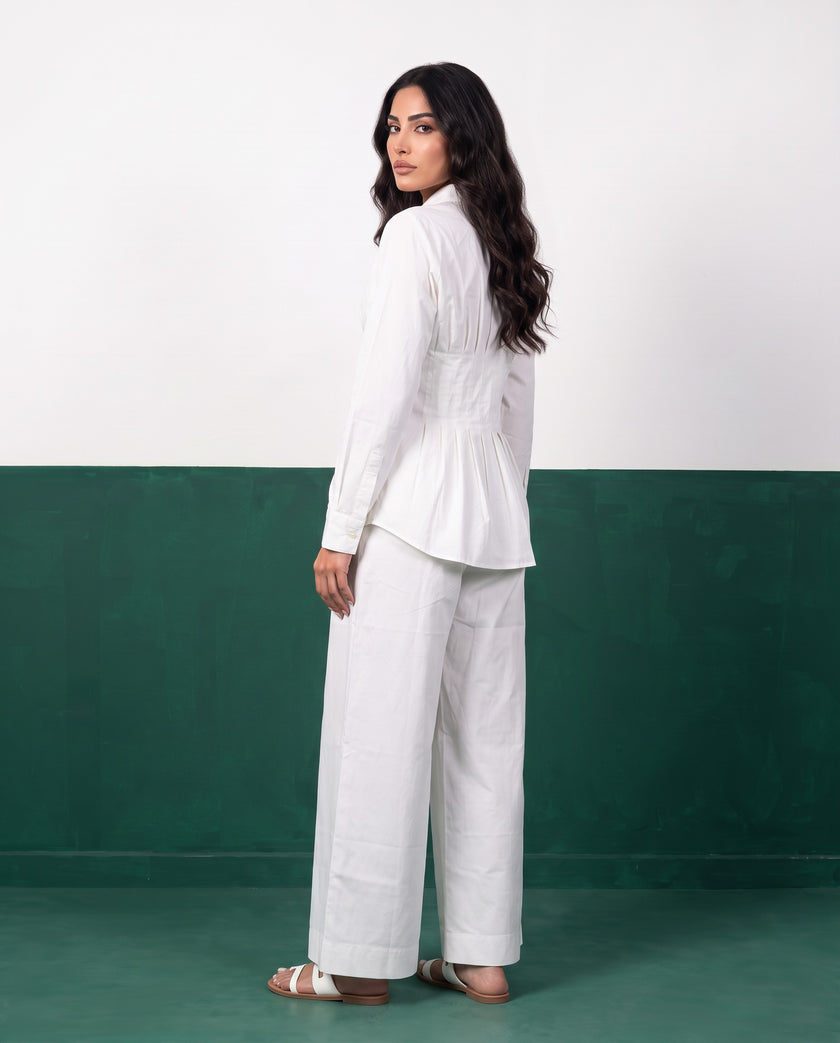 White Purity Pleat Peplum Shirt & Wide-Leg Trouser Co-ord Set, back view