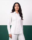 White Purity Pleat Peplum Shirt & Wide-Leg Trouser Co-ord Set, fabric detail
