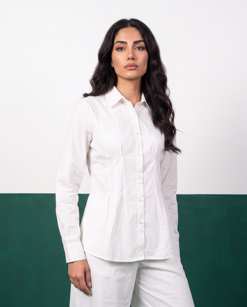 White Purity Pleat Peplum Shirt & Wide-Leg Trouser Co-ord Set, fabric detail