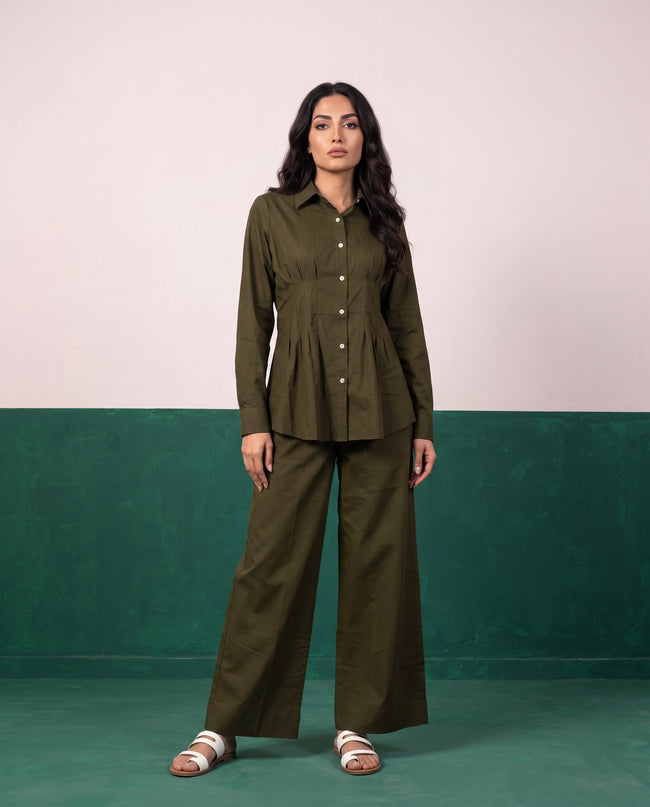 Olive Authority Pleat Peplum Shirt & Wide-Leg Trouser Co-ord Set, front view