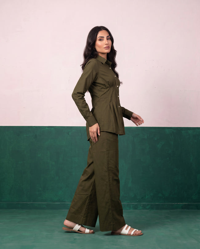 Olive Authority Pleat Peplum Shirt & Wide-Leg Trouser Co-ord Set, side view