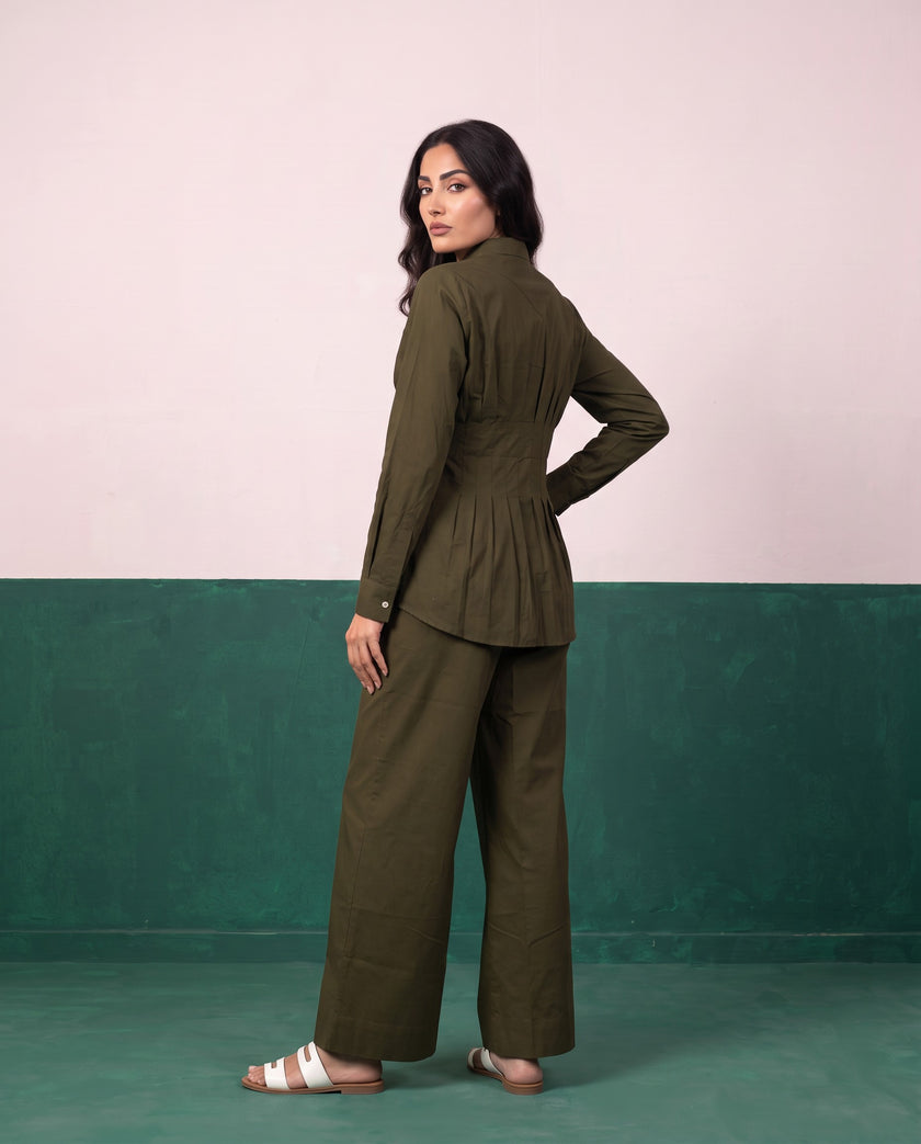 Olive Authority Pleat Peplum Shirt & Wide-Leg Trouser Co-ord Set, back view