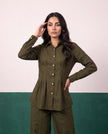 Olive Authority Pleat Peplum Shirt & Wide-Leg Trouser Co-ord Set, fabric detail