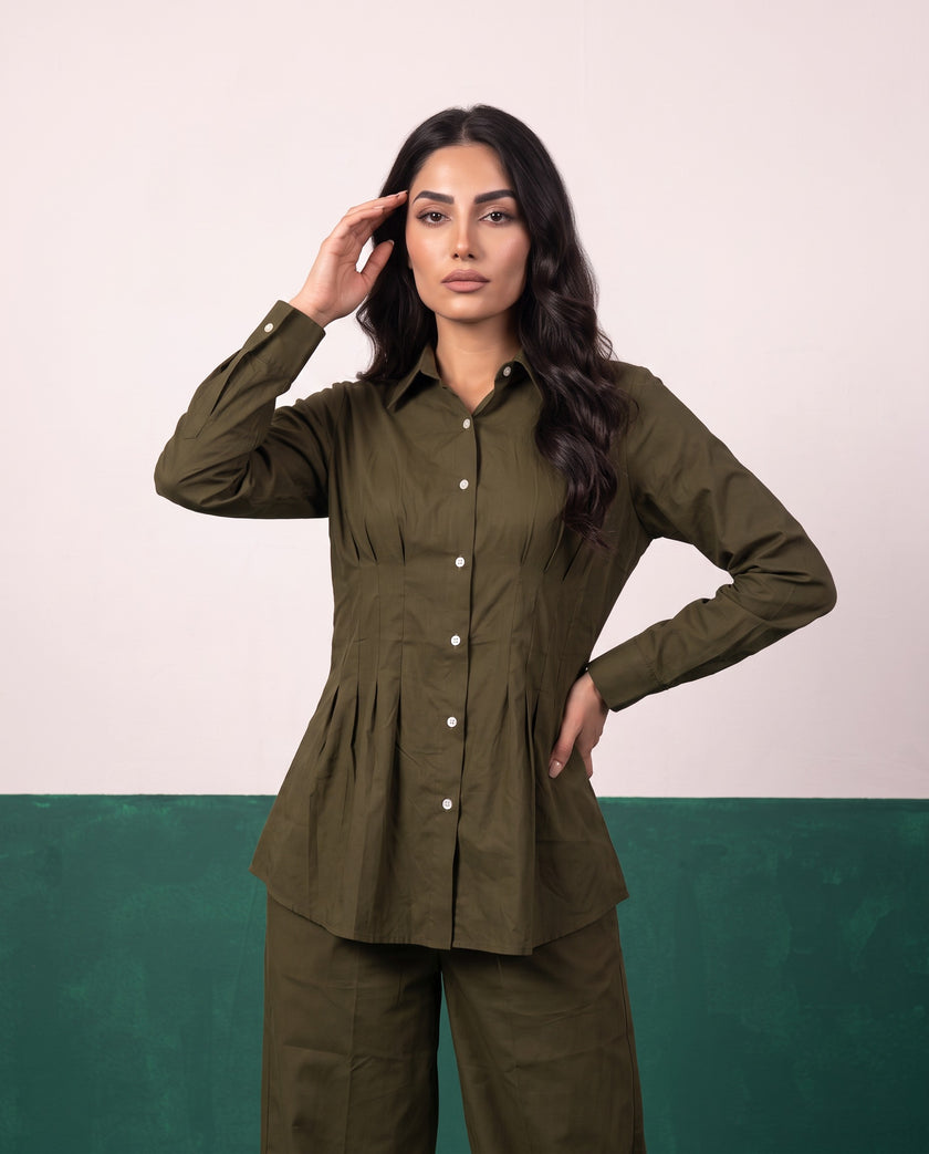 Olive Authority Pleat Peplum Shirt & Wide-Leg Trouser Co-ord Set, fabric detail