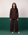 Dark Roast Pleat Peplum Shirt & Wide-Leg Trouser Co-ord Set, front view