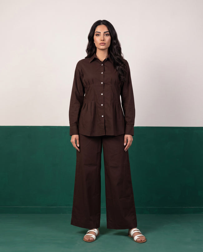 Dark Roast Pleat Peplum Shirt & Wide-Leg Trouser Co-ord Set, front view