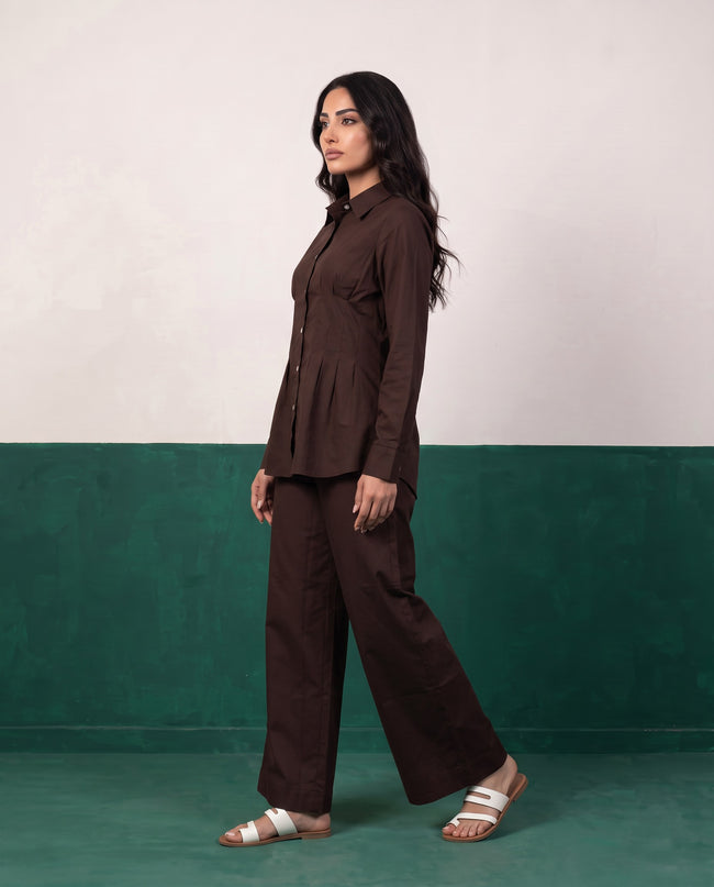 Dark Roast Pleat Peplum Shirt & Wide-Leg Trouser Co-ord Set, side view