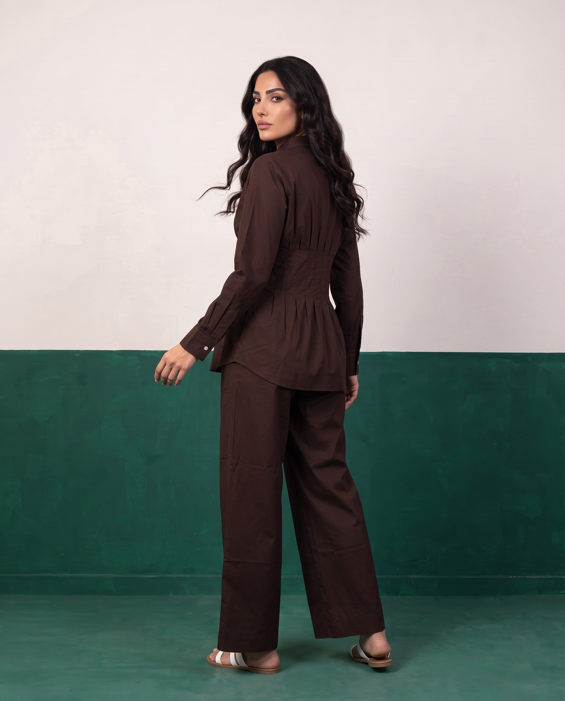 Dark Roast Pleat Peplum Shirt & Wide-Leg Trouser Co-ord Set, back view