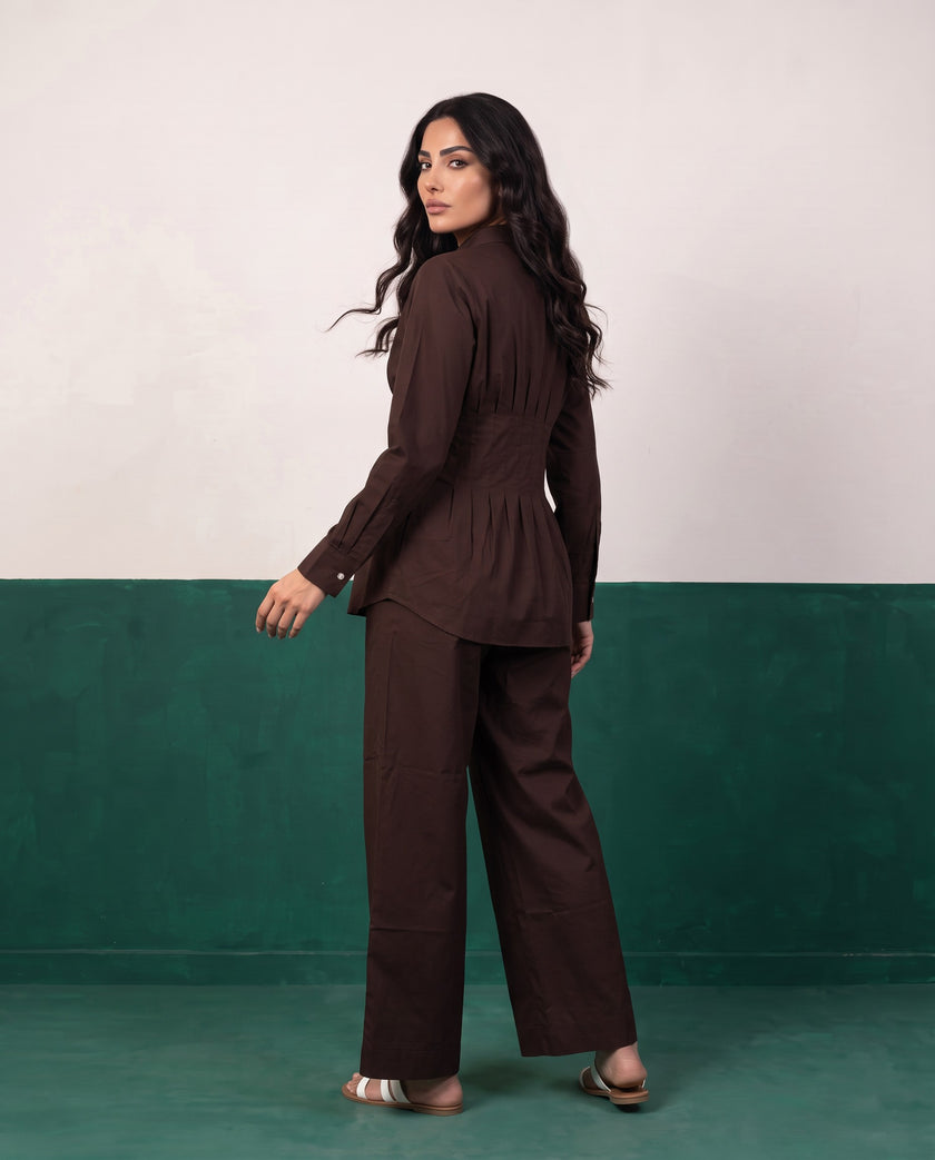 Dark Roast Pleat Peplum Shirt & Wide-Leg Trouser Co-ord Set, back view