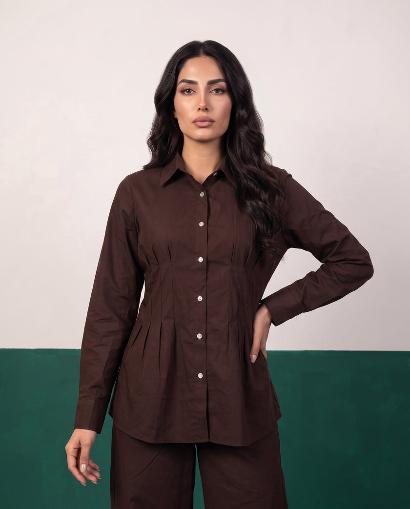 Dark Roast Pleat Peplum Shirt & Wide-Leg Trouser Co-ord Set, fabric detail
