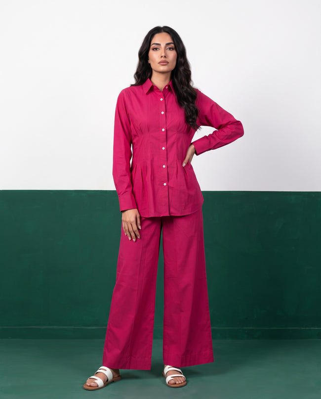 Fuchsia Force Pleat Peplum Shirt & Wide-Leg Trouser Co-ord Set, front view