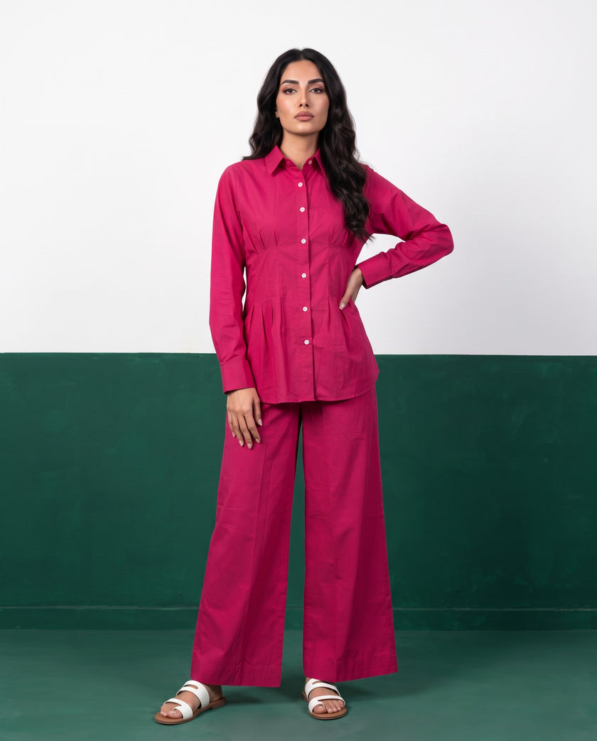Fuchsia Force Pleat Peplum Shirt & Wide-Leg Trouser Co-ord Set, front view
