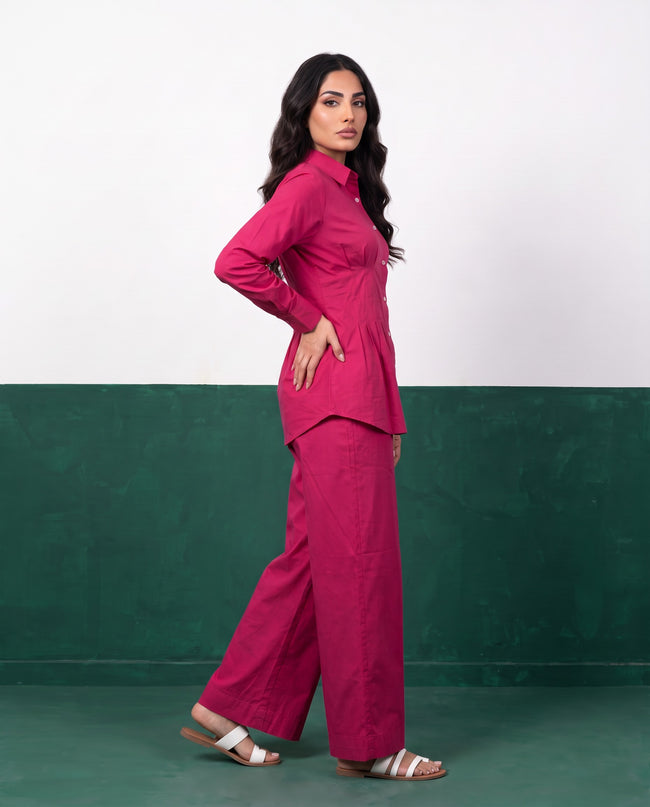 Fuchsia Force Pleat Peplum Shirt & Wide-Leg Trouser Co-ord Set, side view