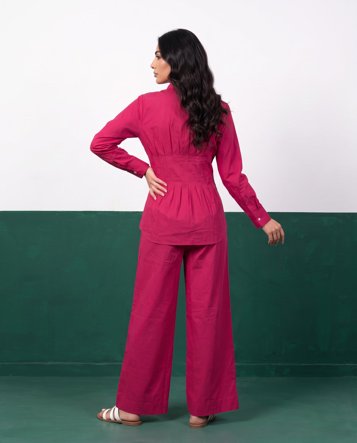 Fuchsia Force Pleat Peplum Shirt & Wide-Leg Trouser Co-ord Set, back view