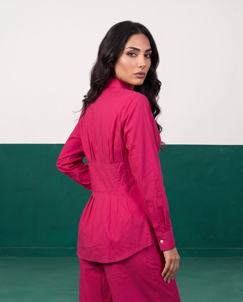Fuchsia Force Pleat Peplum Shirt & Wide-Leg Trouser Co-ord Set, open back view