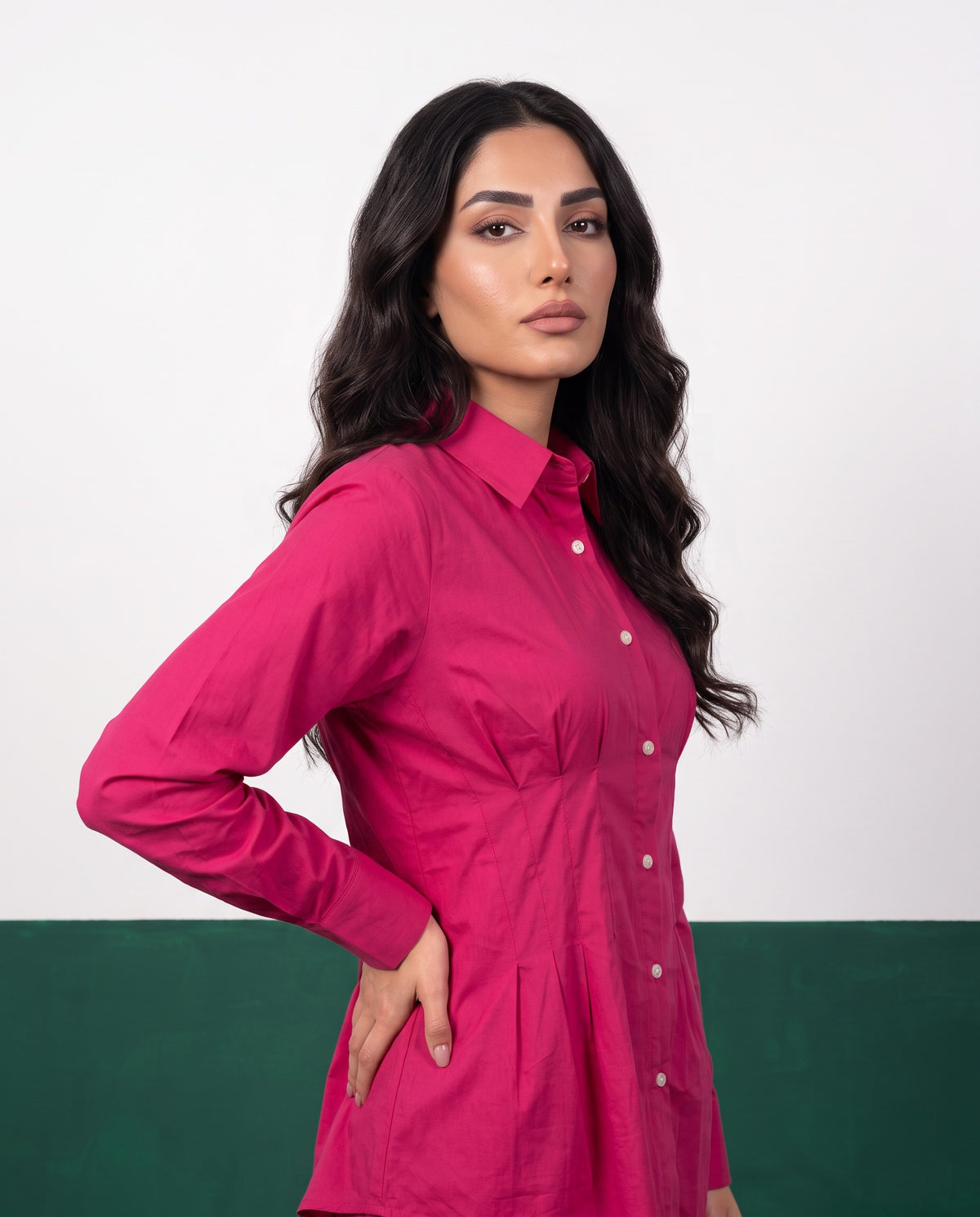 Fuchsia Force Pleat Peplum Shirt & Wide-Leg Trouser Co-ord Set, fabric detail