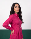 Fuchsia Force Pleat Peplum Shirt & Wide-Leg Trouser Co-ord Set, fabric detail