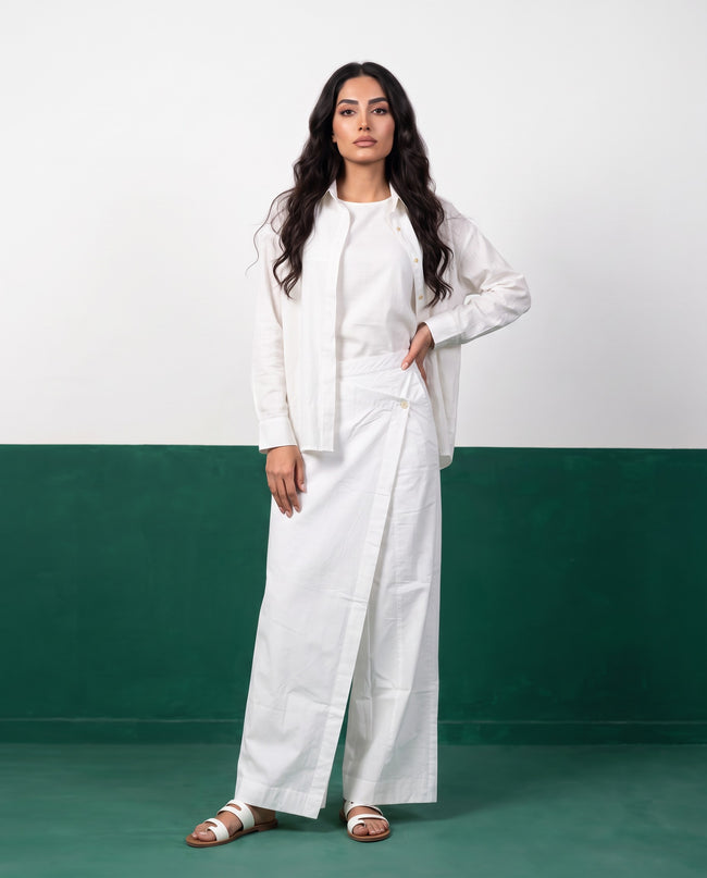 White Canvas Three-Piece Oversized Shirt, Inner Top & Wrap Wide-Leg Trouser Set, front view