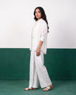 White Canvas Three-Piece Oversized Shirt, Inner Top & Wrap Wide-Leg Trouser Set, front styled open
