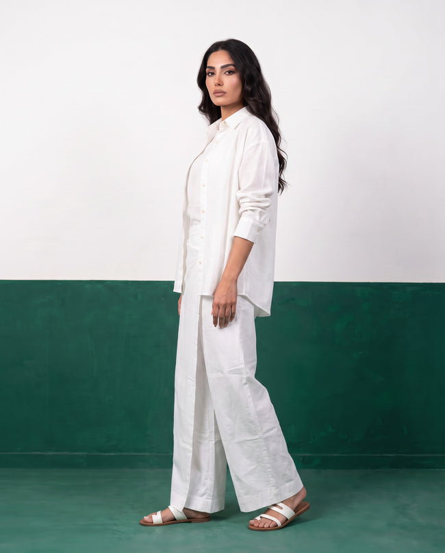 White Canvas Three-Piece Oversized Shirt, Inner Top & Wrap Wide-Leg Trouser Set, front styled open