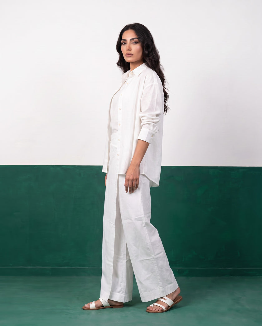 White Canvas Three-Piece Oversized Shirt, Inner Top & Wrap Wide-Leg Trouser Set, front styled open